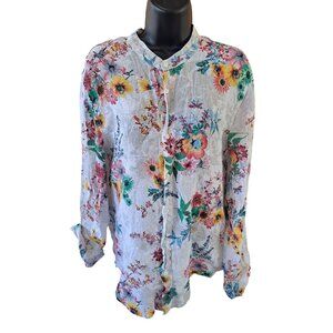 F.K. Italy Linen Floral Button-Up Blouse Mandarin Collar Floral Women XL Summer